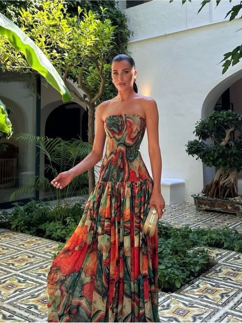 Strapless Marble-Print Maxi Dress in Multicolor